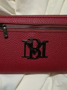 Badgley Mischka Red Pebbled Leather Crossbody Wallet with Black Logo